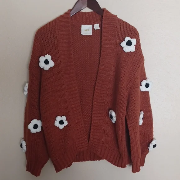 Maeve Anthropologie Chunky 3D Floral Knit Cardigan Sweater OS Boho Oversized - Picture 2 of 16